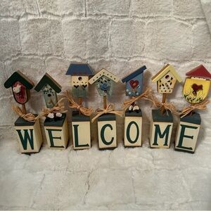 Welcome Birdhouses Wooden Blocks. New. Raffia Bows. Folk Art Farmhouse Decor.